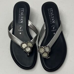 Italian Shoemakers Silver Black Wedge Sandals Size 8 Made in Italy Rhinestone
